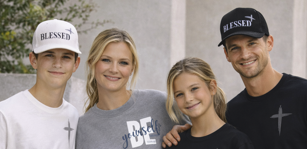 Family of five posing together outdoors, wearing matching 'Blessed' and 'God' shirts and hats.